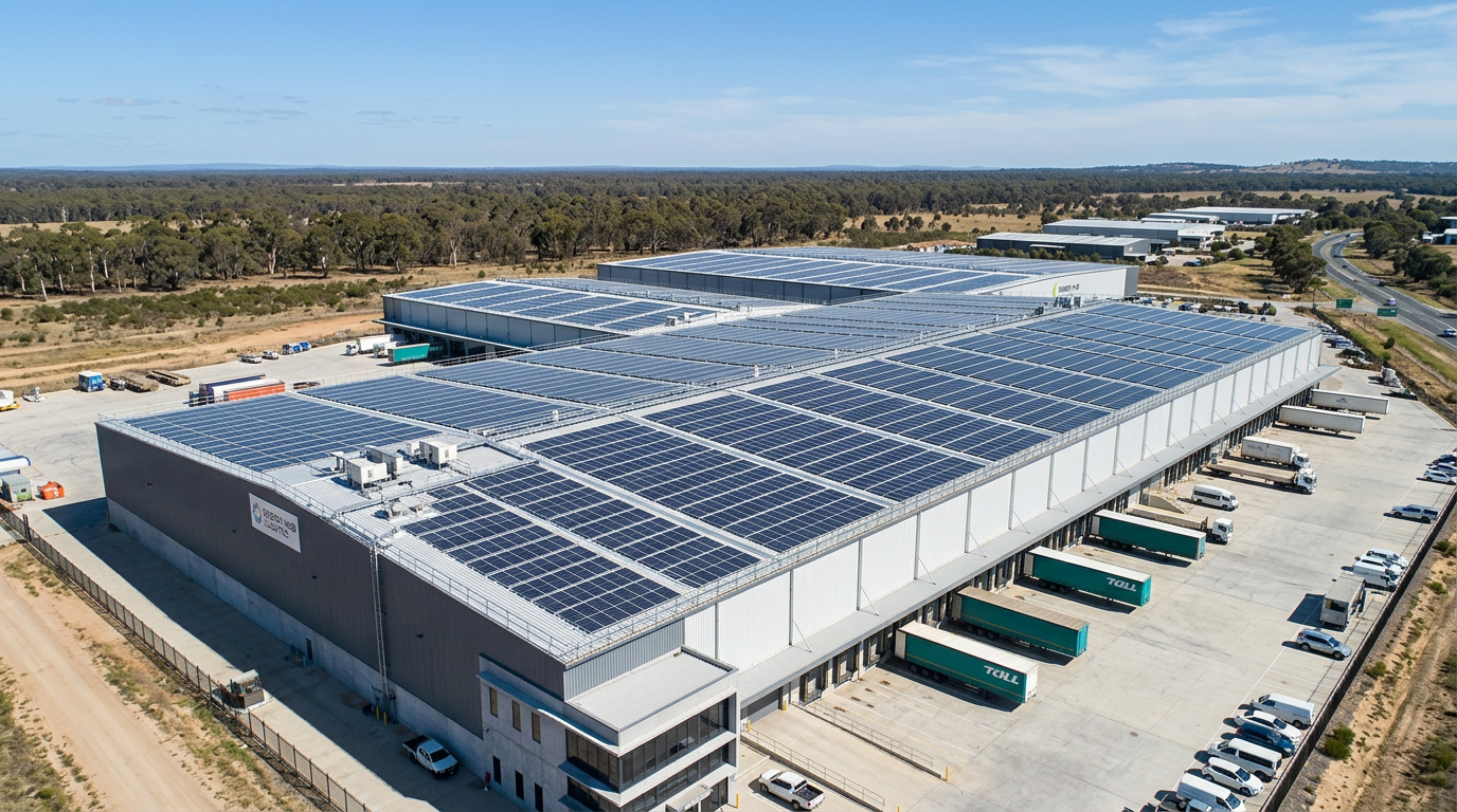 Commercial solar panel installation on an industrial warehouse rooftop